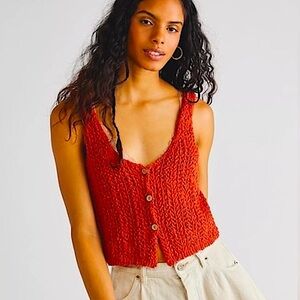 Free People Care Stanley Button Up Vest size S Rust Color Crochet Knitted